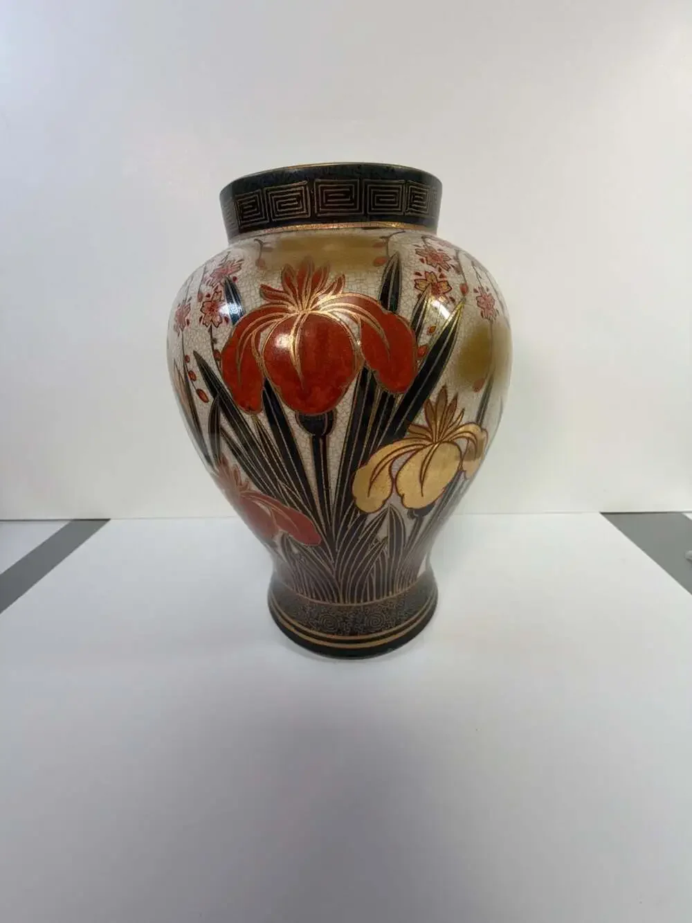 Vintage Satsuma Japanese Hand-Painted Porcelain Vase with Iris Motif and Gilt De